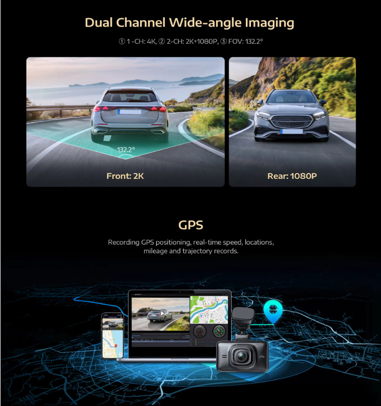 Cross-border arpha dashcam D22 with dual front and rear 4K cameras, touch screen, voice control, GPS tracking, and Wi-Fi
