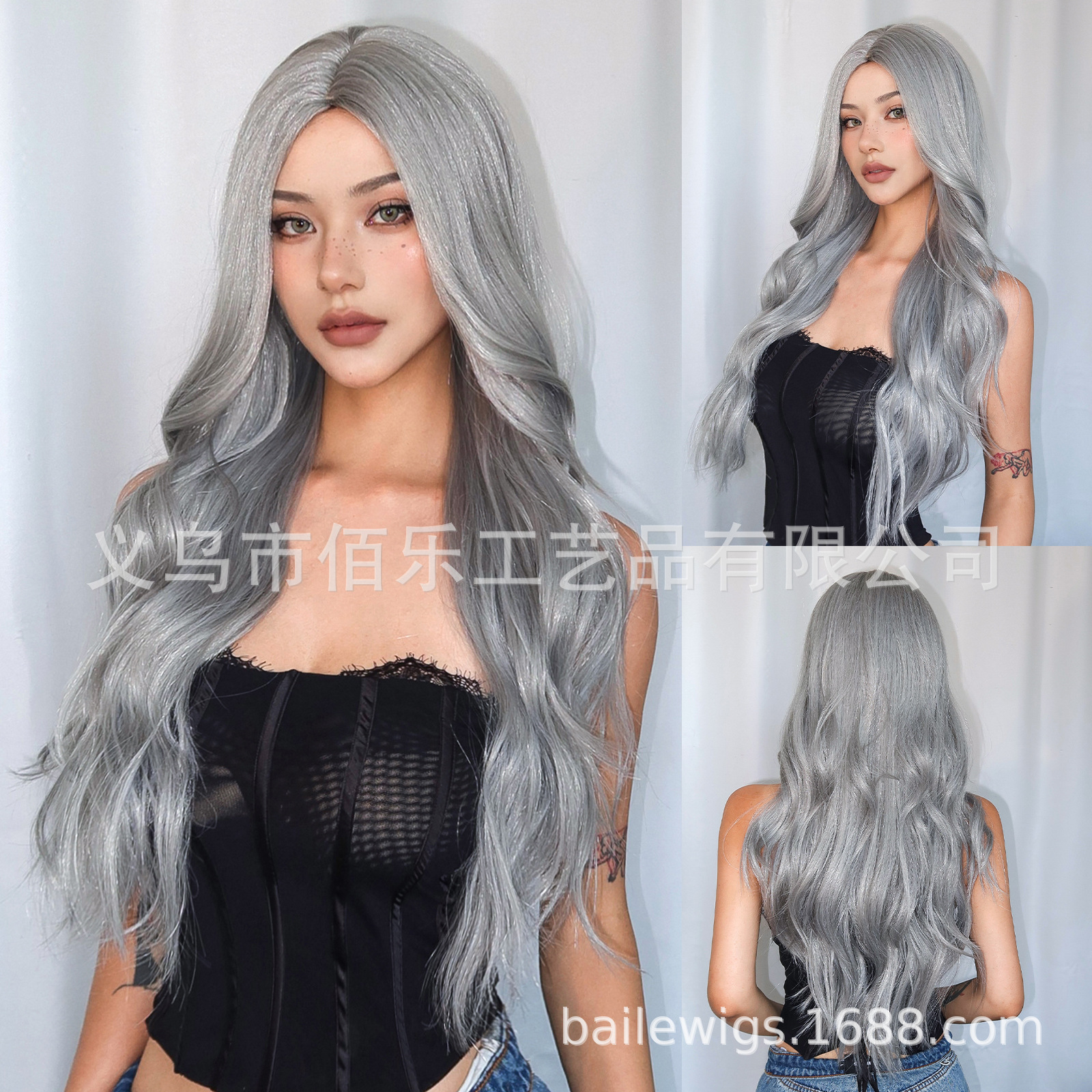 Europa y los Estados Unidos pelucas transfronterizas gris plateado ondulado largo rizado cabello completo fábrica de cabello en stock