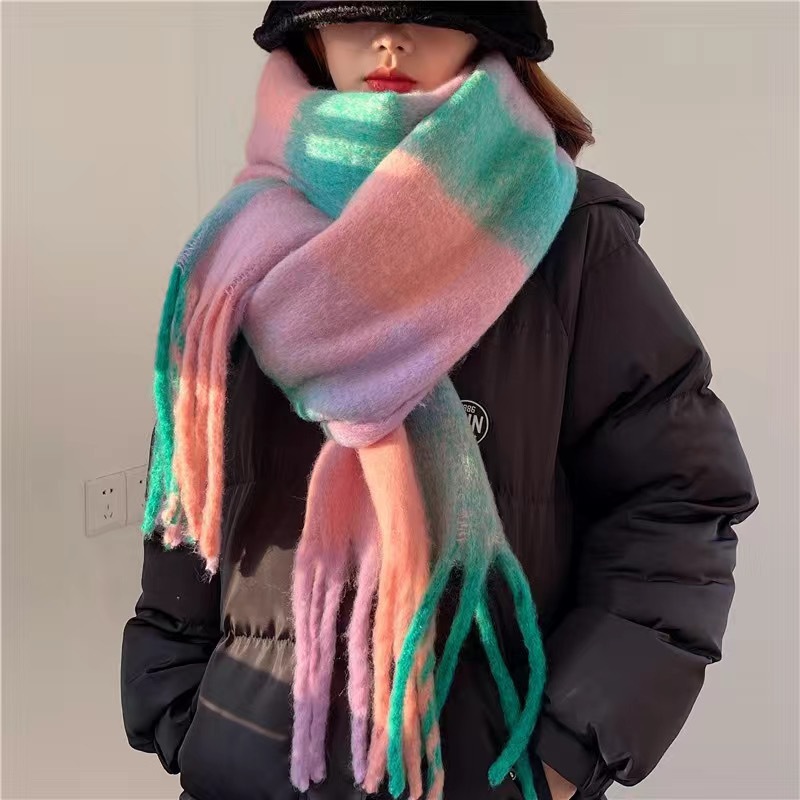 korean style rainbow plaid artificial cashmere scarf female autumn and winter student couple mohair warm scarf long shawl