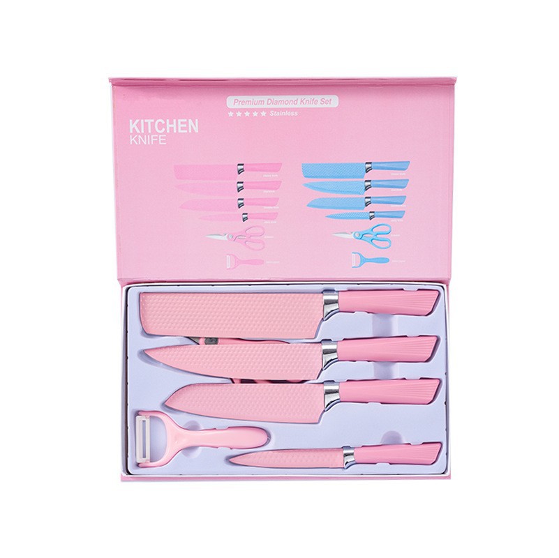 Inventario al por mayor nuevo acero inoxidable pulverización rosa diamante manija viejas seis piezas cuchillo conjunto de herramientas de cocina