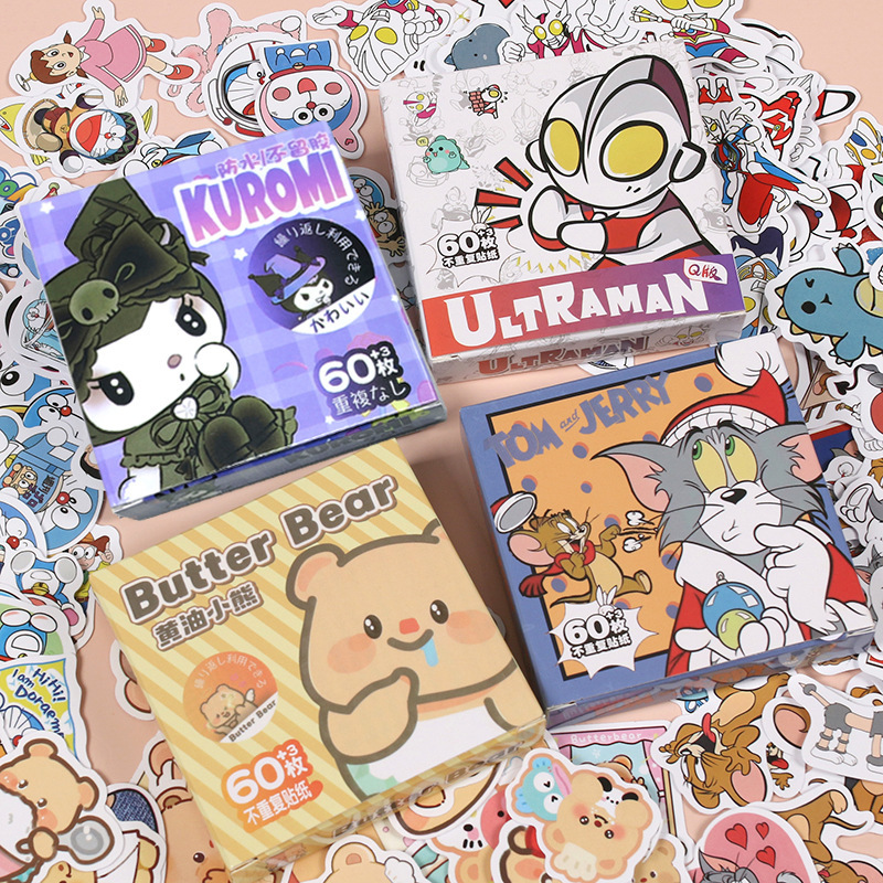 63 New Anime Stickers Gift Box Tom and Jerry Butter Bear Cartoon Cute Handbook Waterproof Stickers