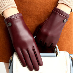 Leather gloves for ladies, winter lined, thickened, warm, touch screen, driving, Korean style, fashionable, repair hands, top grain sheepskin