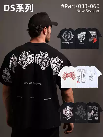 Europe and the United States DS Wolf Head Fitness American T-shirt Heavy plus size Cotton Crewneck Short Sleeve Printed Iron Jacket 033-066