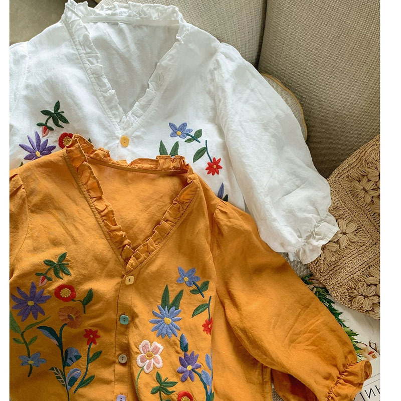 Thirteen-Line Heavy Embroidery Floral Embroidered Cotton-Linen Tencel Lace Collar Half-Sleeve Artistic Shirt, Available for Dropshipping Thirteen-Line Heavy Embroidery Floral Embroidered Cotton-Linen Tencel Lace Collar Half-Sleeve Artistic Shirt, Available for Dropshipping