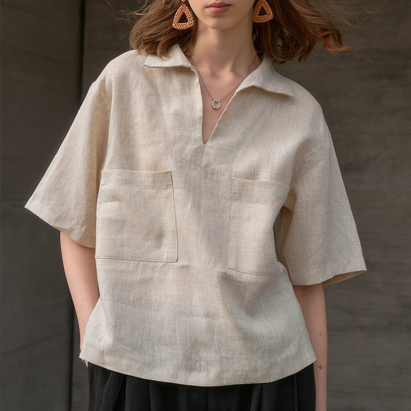 Linen Shirt V-Neck Loose European and American Cross-border Women's High-end Shirt Summer Wide Profile Short-sleeved Lapel Top