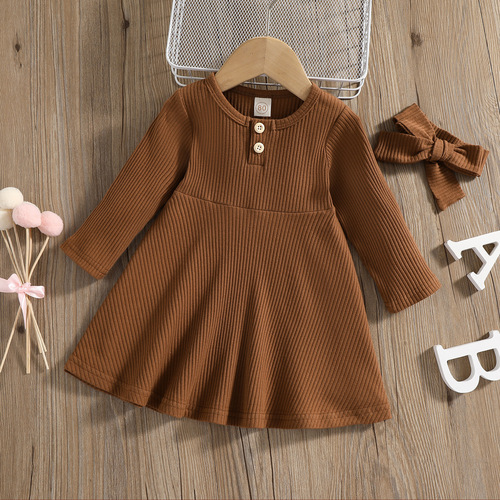 Ins-style Spring and Autumn Season Cross-border Exclusive Girls' Clothing Round Neck Buttonless Plain Color Casual Comfort Ribbed Long Sleeve Dress