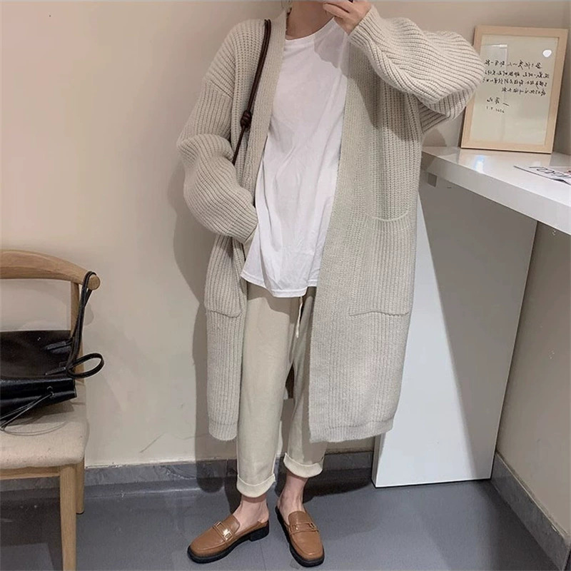 秋冬长款大口袋针织开衫纯色粗毛线过膝毛衣女外套厚款V字领|undefined