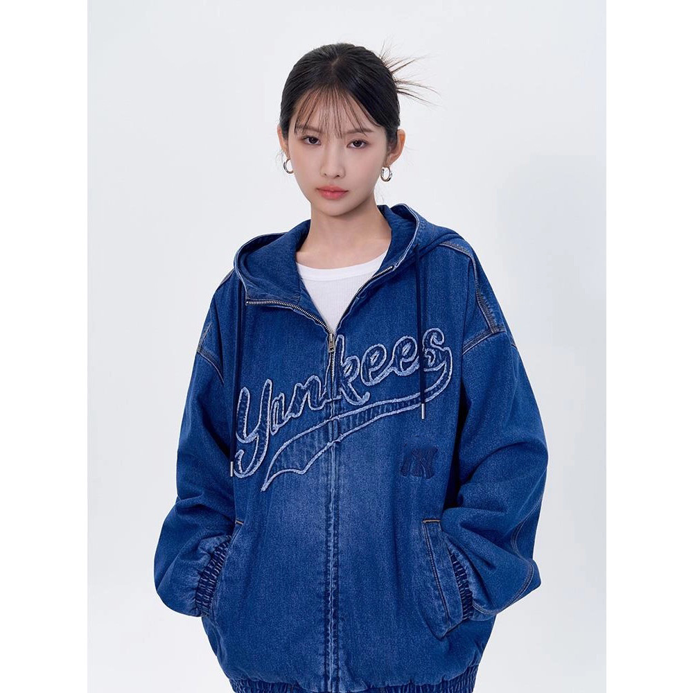 Yankees American style NY hooded denim jacket, unisex, loose casual versatile jacket, retro washed embroidered top