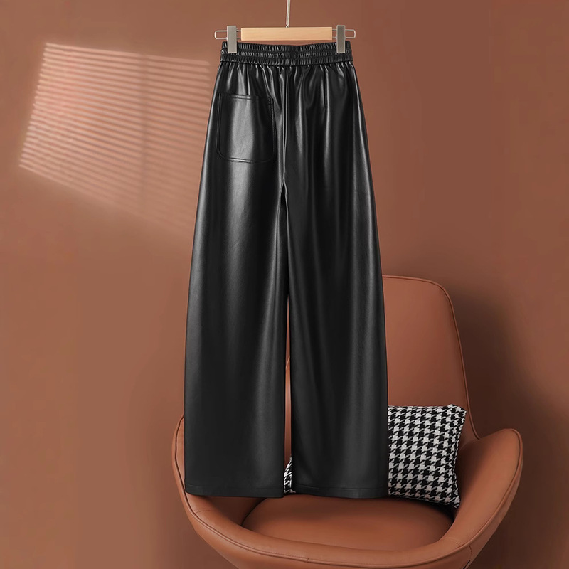 New Autumn Genuine Leather Pants for Women, High-Waisted, Fashionable, Loose Sheepskin Straight-Leg Scimitar Draped Floor-Length Wide-Leg Pants