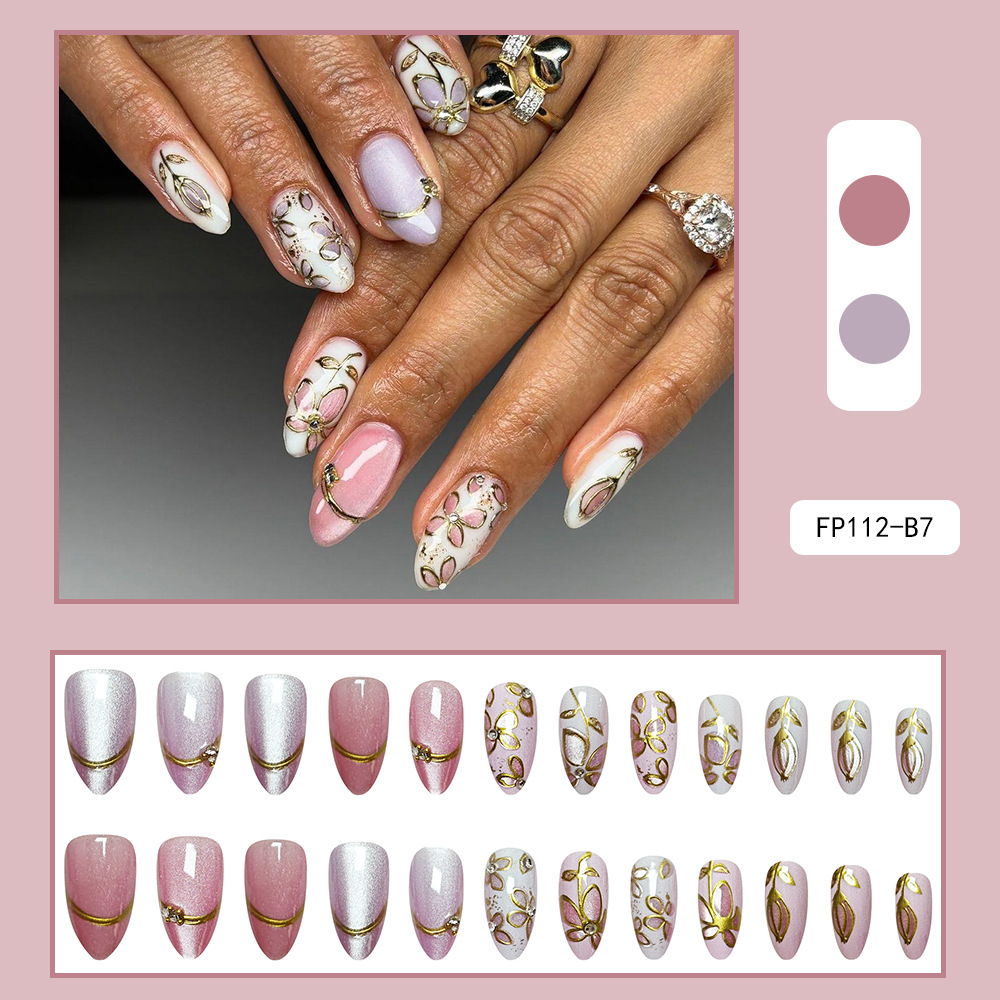 Comercio exterior estereoscópico LIP oro ojo de gato punto de perforación de uñas elegante polvo desnudo para usar uñas cortas 24 piezas de parche de uñas falsas
