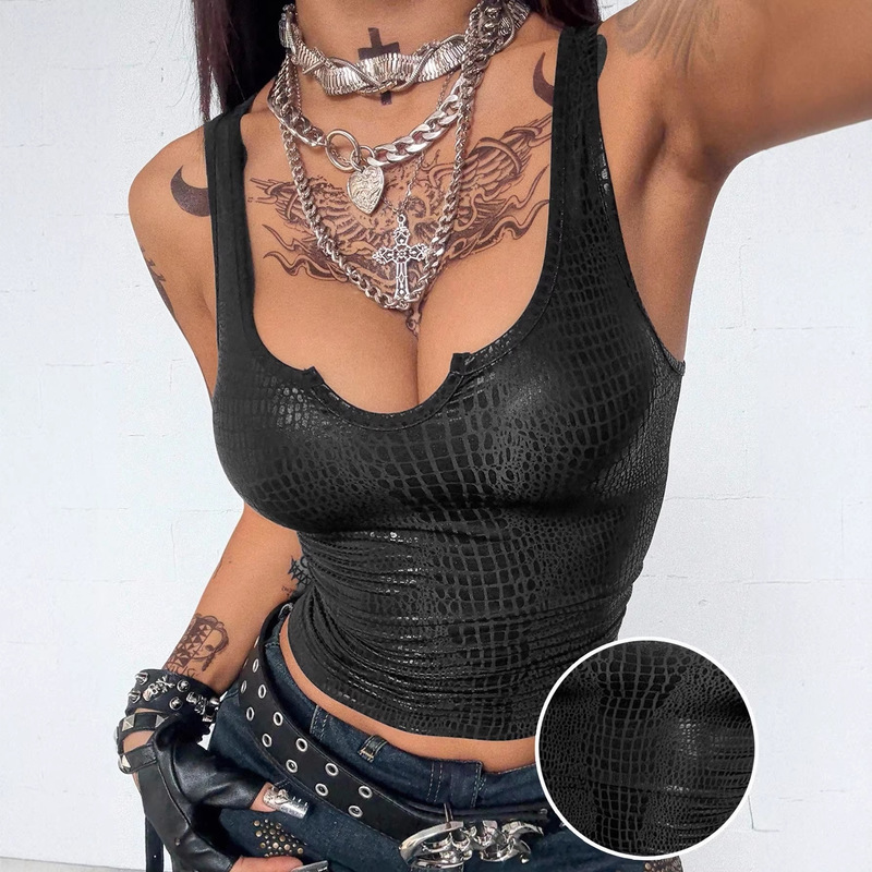 2026 Cross-Border European and American Hot-Selling Crocodile Pattern U-Neck Vest Top