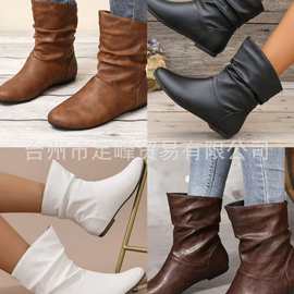 2025年PU面褶皱堆堆靴平底圆头休闲舒适一脚蹬百搭通勤时尚女靴