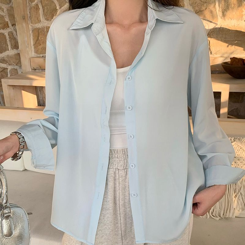 Sun Protection Shirt for Women, New Korean Style Design, Thin Top, Solid Color Long-Sleeve Cardigan Shirt, Frosty White