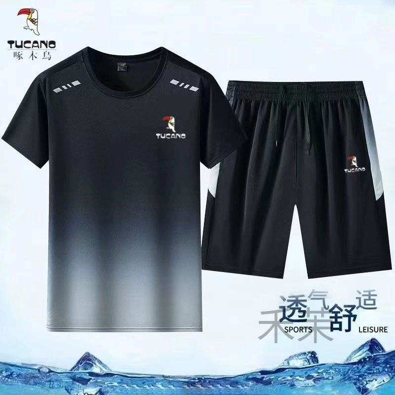 Летний мужской костюм Woodpecker из ледяного шелка, тонкий быстросохнущий спортивный тренировочный костюм с градиентом для фитнеса и тренировок с короткими рукавами