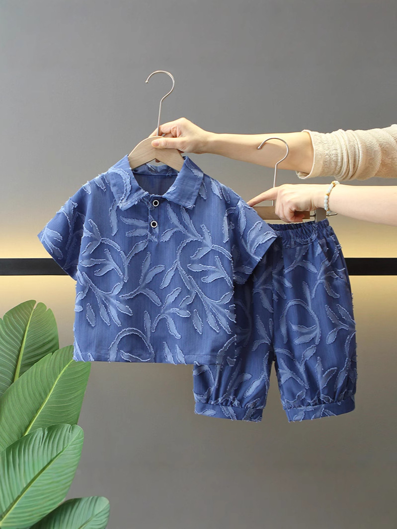 8100 traje de verano para niños 2025 nuevo vestido de verano para niños de moda jacquard manga corta niño neto de dos piezas de moda