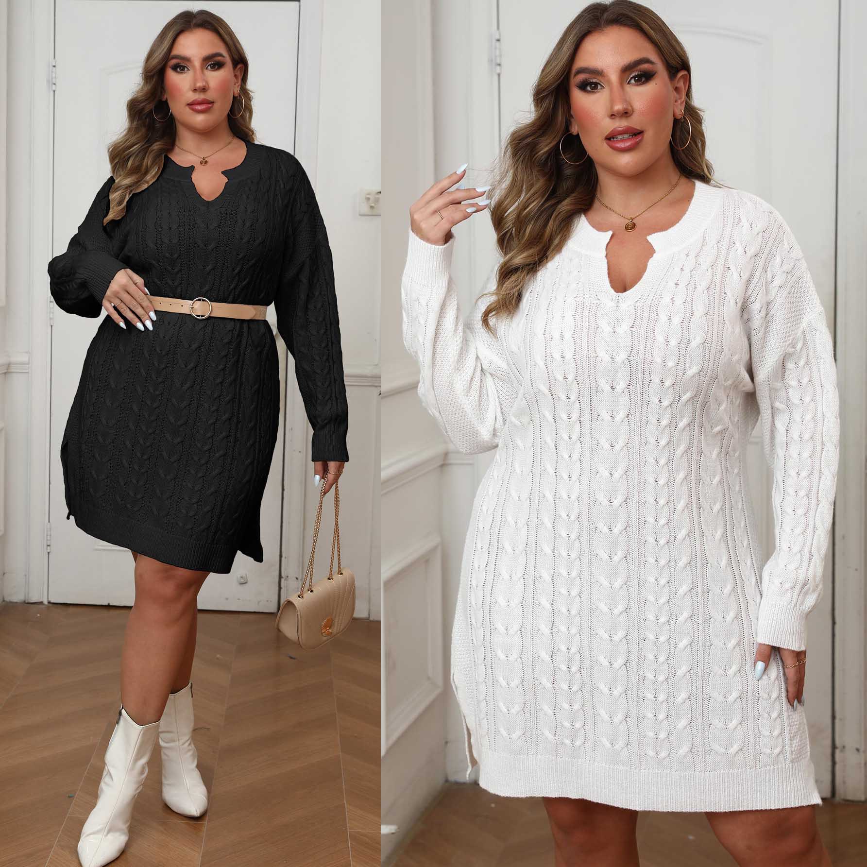 Plus Size Women's Clothing Cross-Border European and American Export V Neck Twist Woven Sweater Pure Color Dress Autumn and Winter Sweater Dress