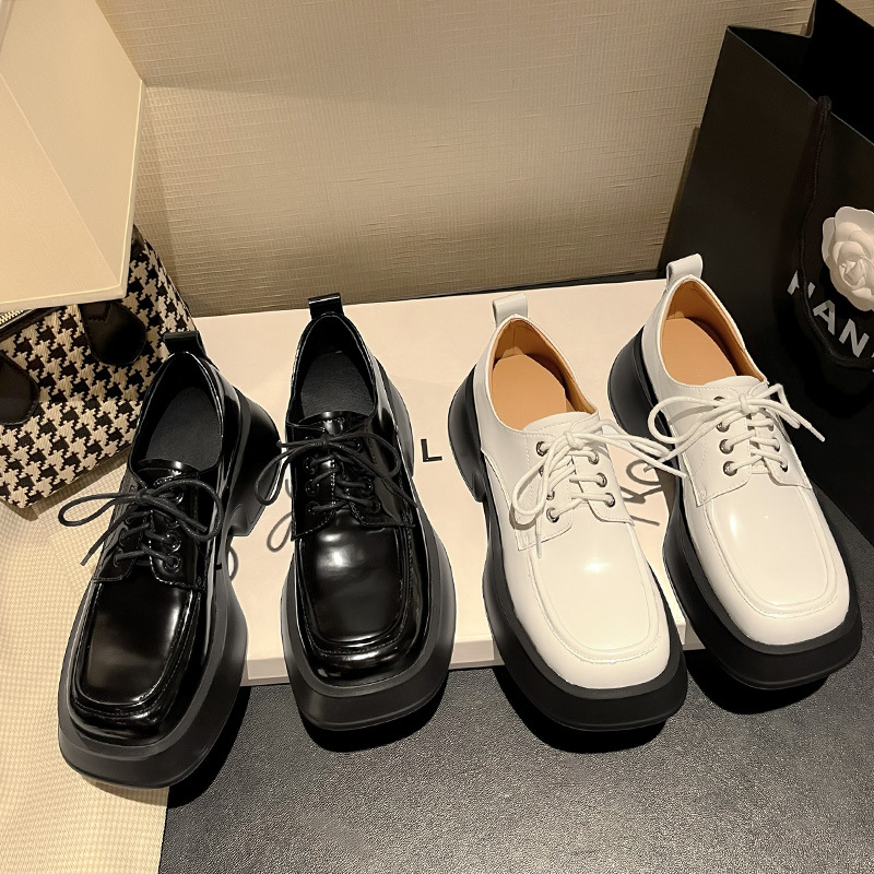 Giày loafer nữ đế xuồng buộc dây phong cách Pháp, gót platform 5 cm — màu đen