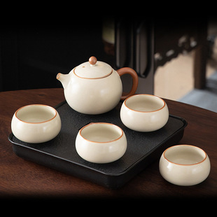 Beige Ru Kiln Kung Fu Tea Set for Home Personal Use, Light Luxury for One to 0.05kg People with Side Handle Pot, Tea Cups, and Tea Tray