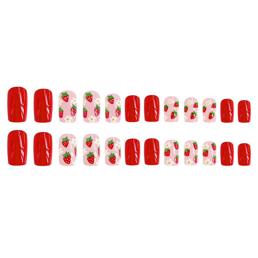 False Nails Strawberry White Flower Design Detachable Manicure_voghion.com