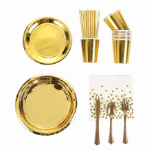 金色烫金一次性餐具套装纸杯纸盘桌布派对场地用品装饰烫金 金色
