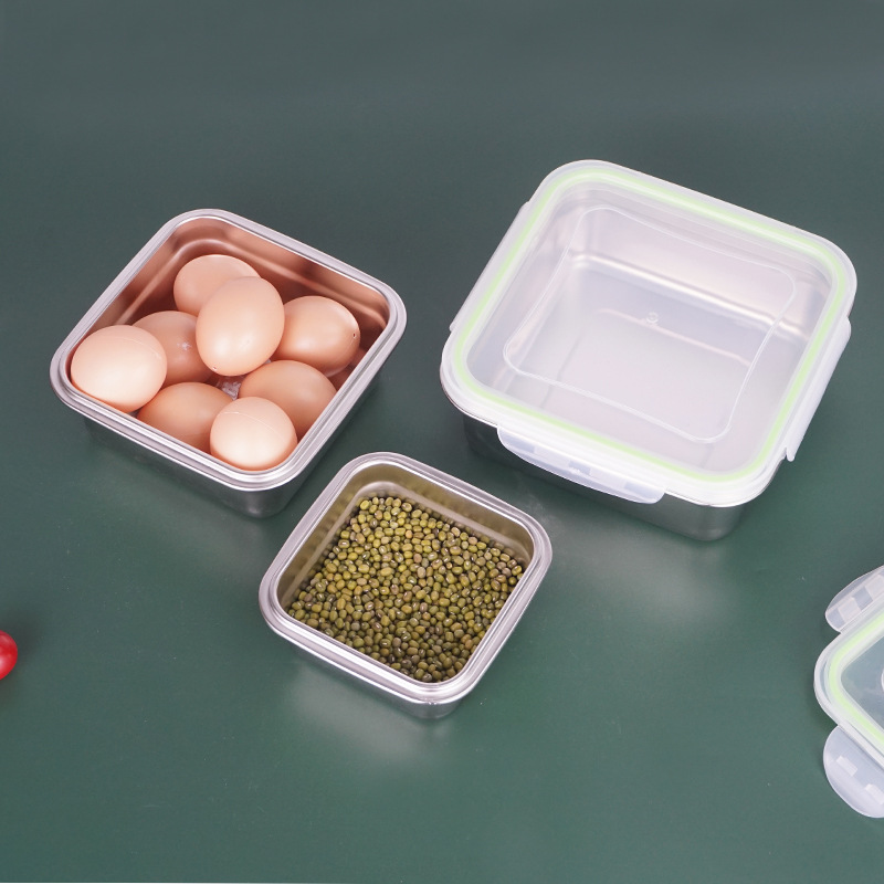 304 de acero inoxidable cuadrado crisper hogar cocina caja de almacenamiento sellada con tapa refrigerador caja de almacenamiento de alimentos refrigerados