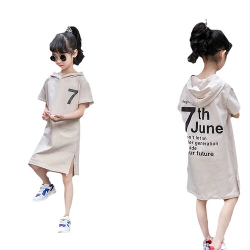 Girls' Summer 2024 New Short-Sleeve Medium-Length Han Style Hooded T-Shirt Dress for Older Children - Stylish and Versatile Tunic Dress