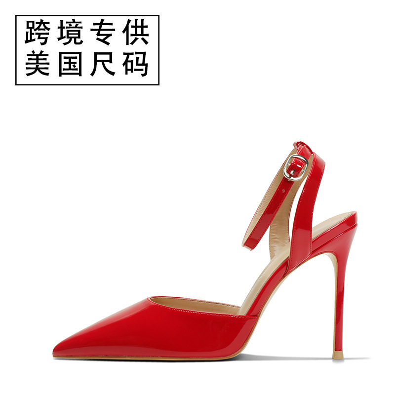 Cross-border link new 10cm pointed shallow stilettos with a word buckle hollow sandals supply a generation of hair
