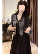 大码春季新款微胖mm显瘦套装女甜美长袖上衣衬衫收腰半身裙两件套