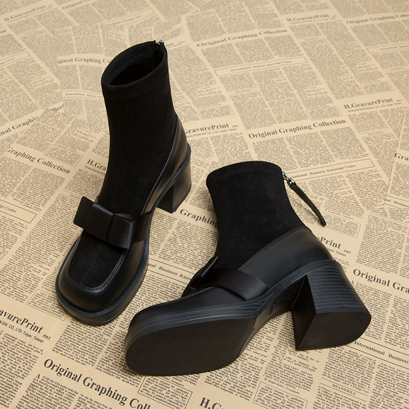 Женские зимние сапоги-полусапожки на высоком каблуке с бантом Shi Guanqiao 7120-13, новинка 2025 года