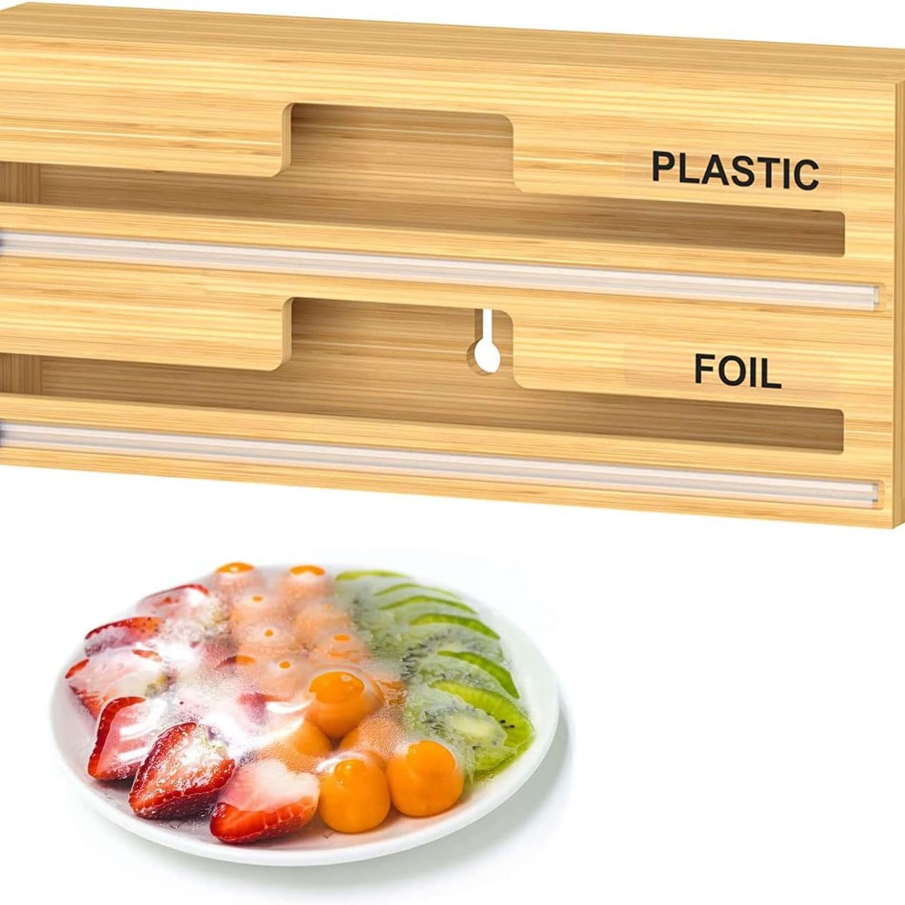 2 in 1 Bamboo Packaging Dispenser with Sliding Cutter for Kitchen Drawers Fits 30cm Rolls