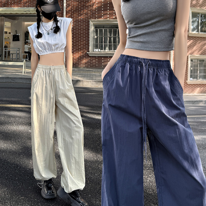 蓬蓬呼吸裤女2025新款速干奶酷空气感休闲减龄阔腿抽绳束脚工装裤|undefined
