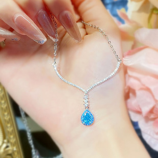 Wholesale French light luxury ins style design feeling imported high carbon diamond aquamarine necklace inlaid with blue ice flower cutting hanging