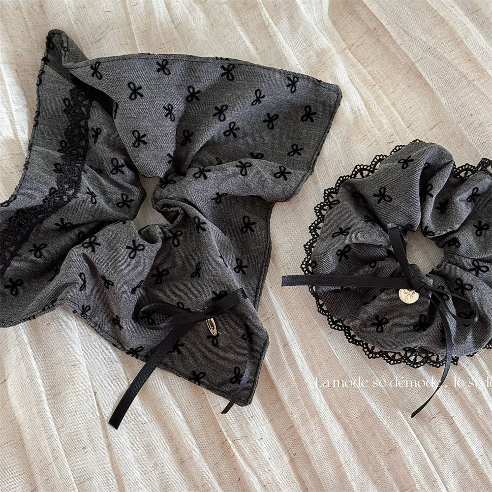 gray black lace bow hair rope square ring large intestine hair ring hair rope rubber band for bun haircut hair ring temperament headdress flower
