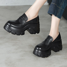 头层牛皮厚底乐福鞋英伦风黑色小皮鞋一脚蹬圆头松糕深口单鞋增高