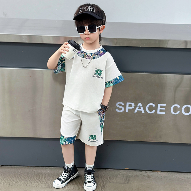 8083 Traje de manga corta de verano para niños 2025 Nuevo vestido de verano para niños Traje de dos piezas de verano para bebés de moda de estilo chino