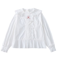日系甜美公主风小熊刺绣蕾丝花边别致套头白色长袖打底衬衫娃娃衫