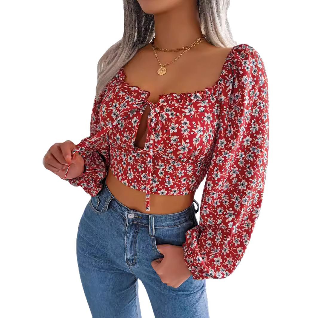 Dames crop top met bloemenprint, ruches en strik aan de voorkant, mouwloze chiffon blouse, zomerse sexy mode_voghion.com