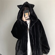 2026oversize韩系秋冬加厚耳朵毛毛外套棉服女装黑色百搭短款宽松
