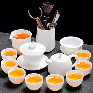 Dehua Sheep Fat Jade Tea Set for Home Use, Light Luxury White Jade White Porcelain Kung Fu Tea Pot, Tea Cup, and Cover Bowl for Reception