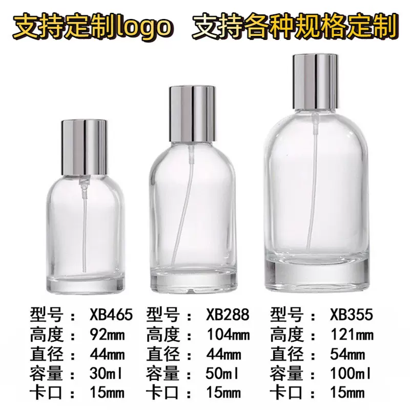 厂家直销香水瓶50/100ml圆柱来图定制透明玻璃丝印烫金玻璃瓶批发
