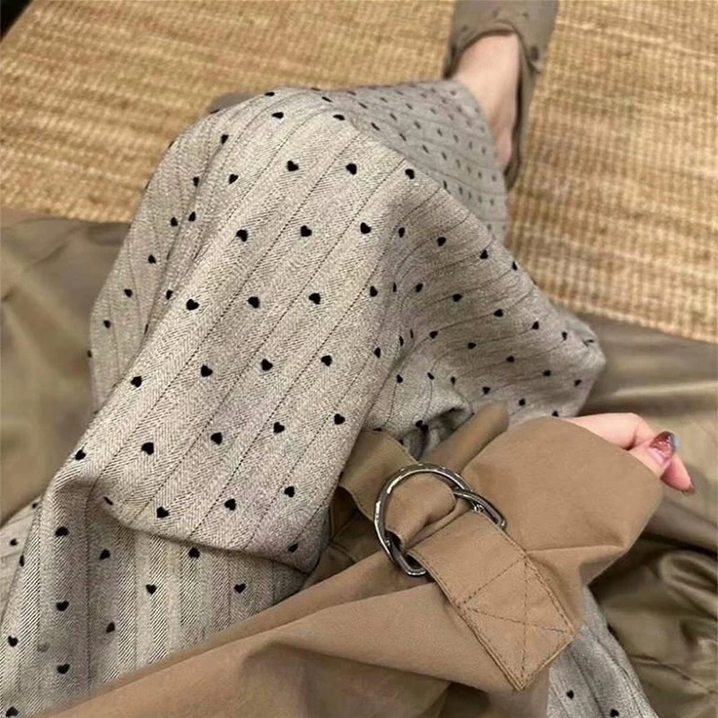 면 실크 와이드 팬츠 - 그레이 러브 하트