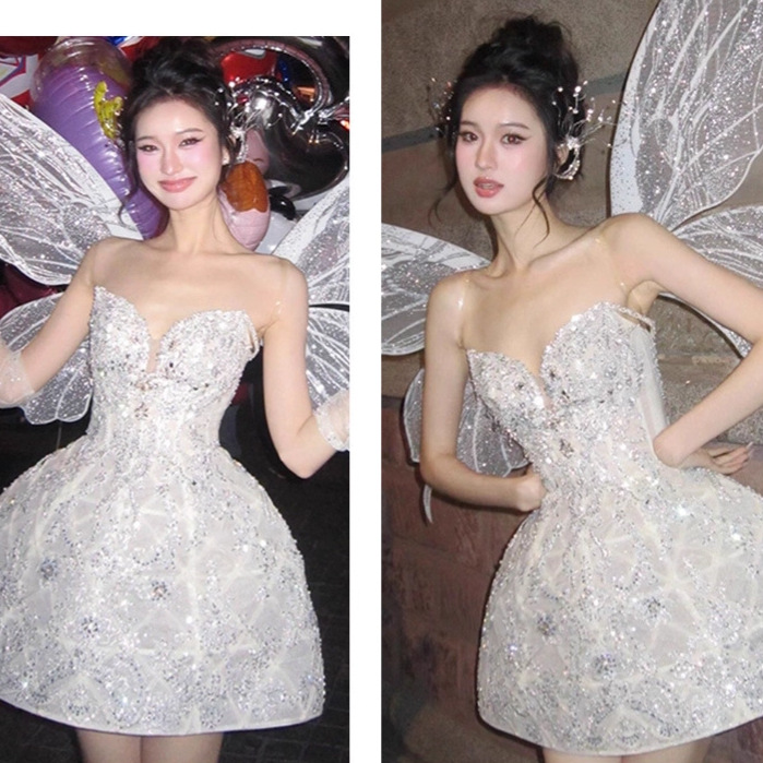 Vestido sin tirantes estilo hada, vestido plateado de cintura alta, elegante vestido de fiesta de cumpleaños estilo socialité para reunión anual