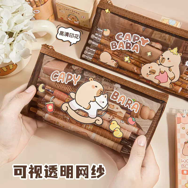 卡皮巴拉透明网纱笔袋大容量文具收纳笔袋小学生礼品可爱卡通笔袋