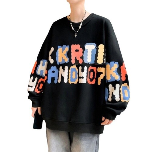 Trendy Stylish American Crew Neck Sweatshirt Men Spring and Autumn Season Youth Heavyweight Color Block Base Layer Top Shirt Lazy Jacket