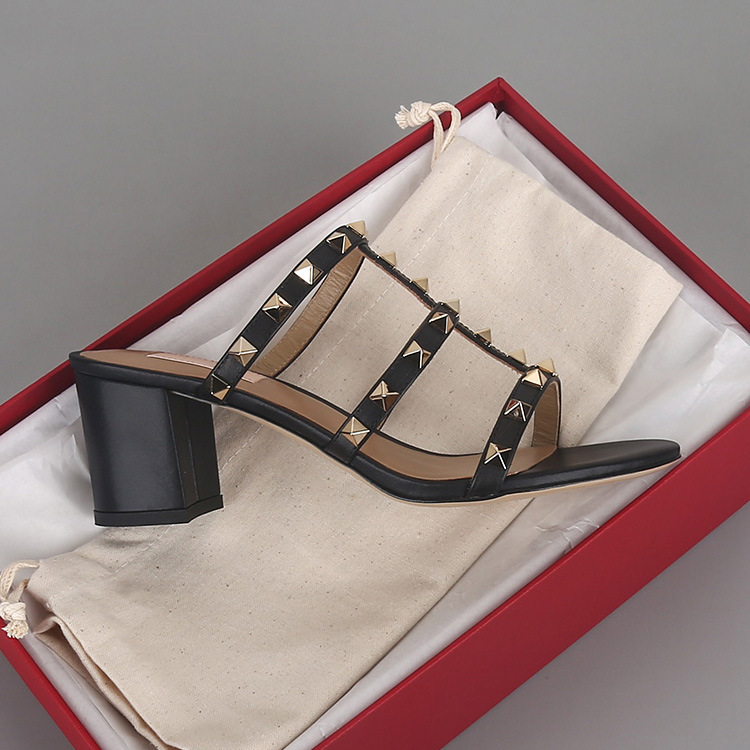 Top European and American Summer New Style 25V Three-Strip Rivets High-Heeled Sandals for Women Calfskin 6cm Thick Heel Roman Sandals