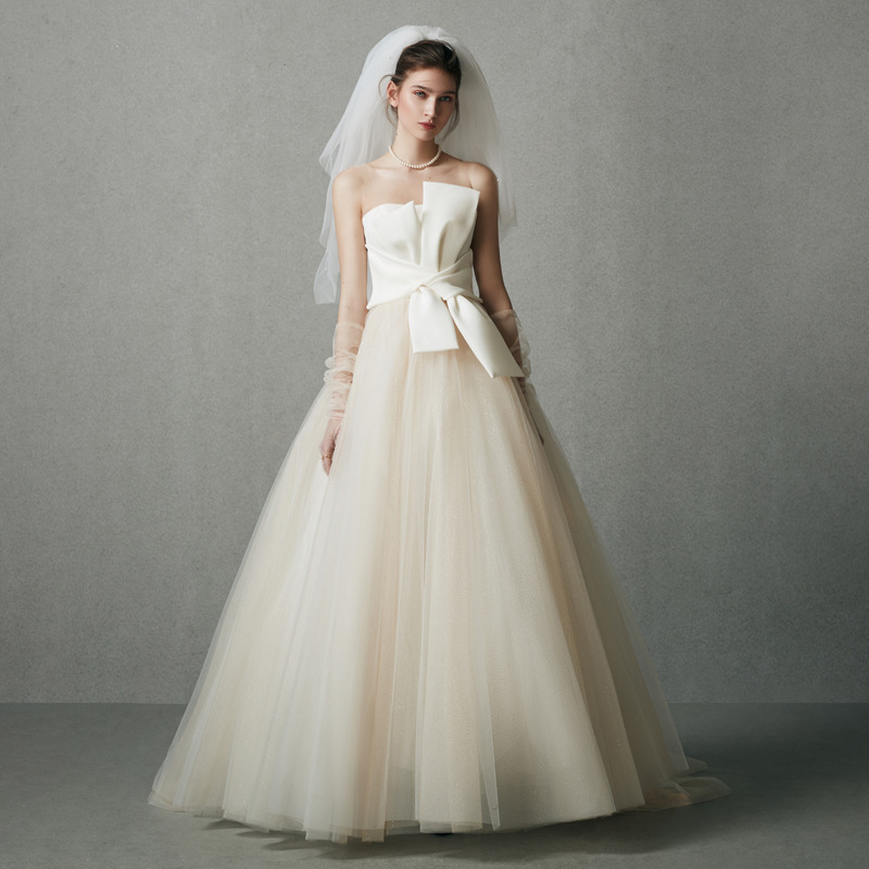 2026 New Style Strapless Floor-Length Wedding Dress for Petite Brides and Pregnant Women, Satin, Light and Simple, Fashionable, with a Large Puffy Skirt