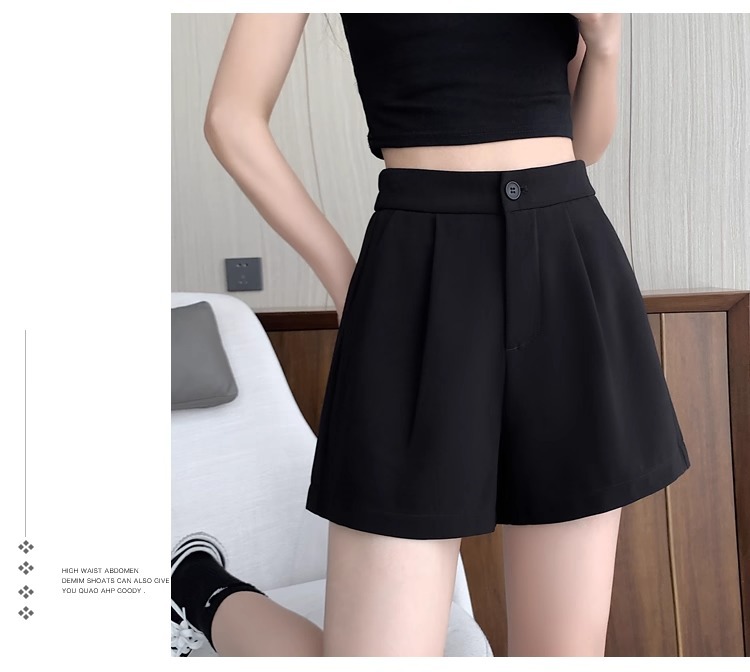 Quần short nữ cạp cao dáng chữ A ống rộng mùa hè — Màu đen (gửi thắt lưng xoắn khóa ngẫu nhiên) chi tiết 28