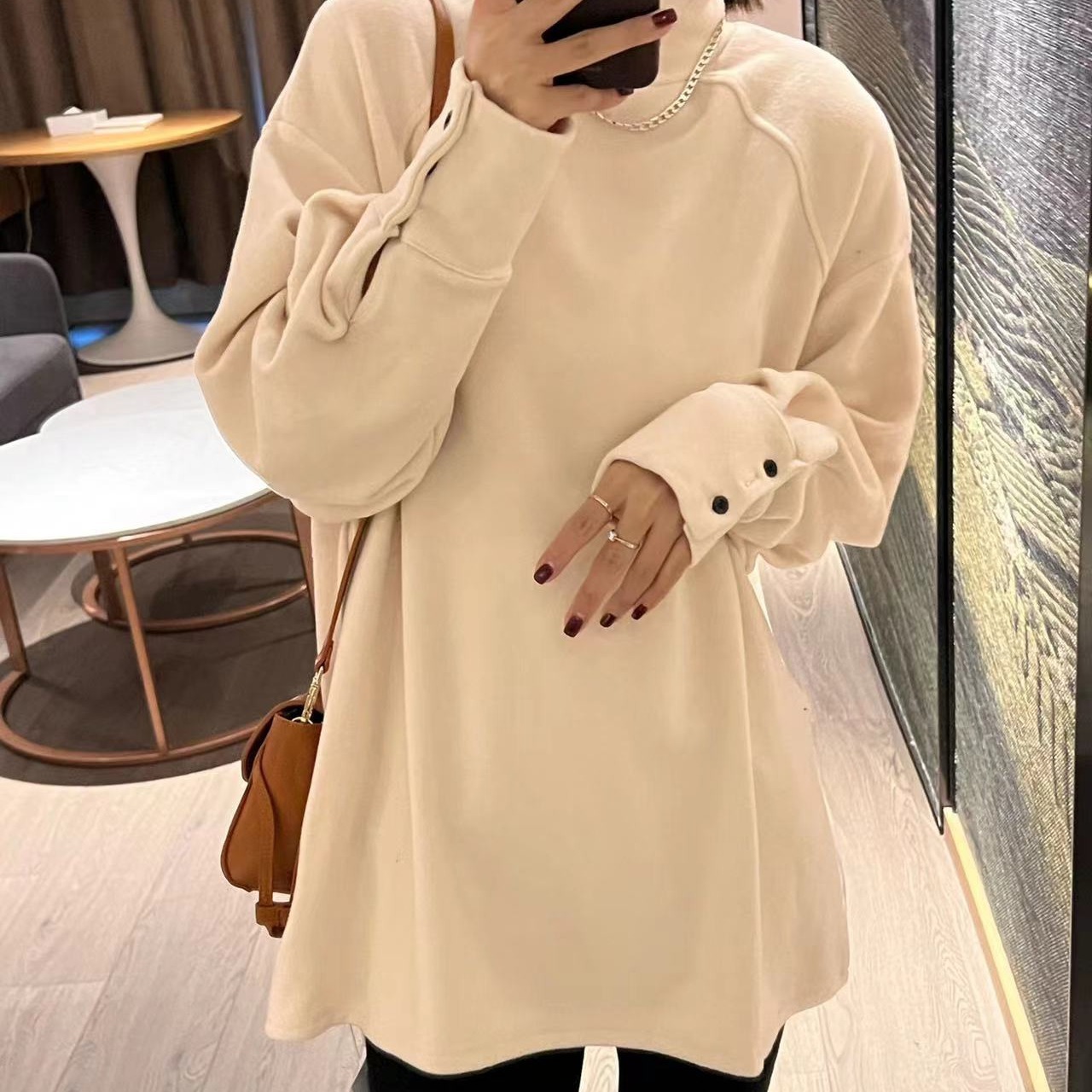 Women's Clothing New autumn and winter half high collar German velvet bottoming shirt for girls, loose thickened brushed long sleeved T shirt top_ipsvogv.com