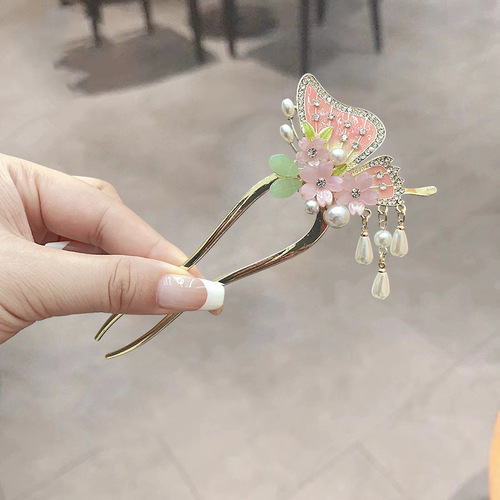 New Chinese style flower butterfly hairpin pearl tassel hairpin ancient costume Hanfu cheongsam plate headdress accessories hairpin