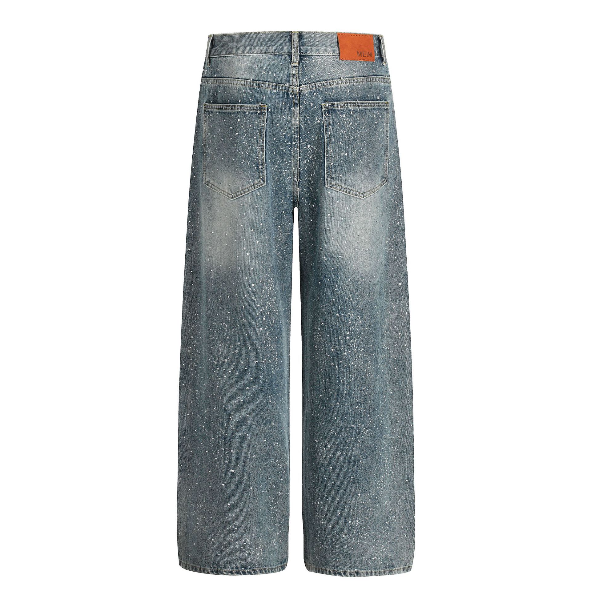 Unisex High Street Vintage Washed Blue Distressed Denim Jeans Rhinestone Embellishments Relaxed Fit Button Fly Non-Stretch Cotton_voghion.com